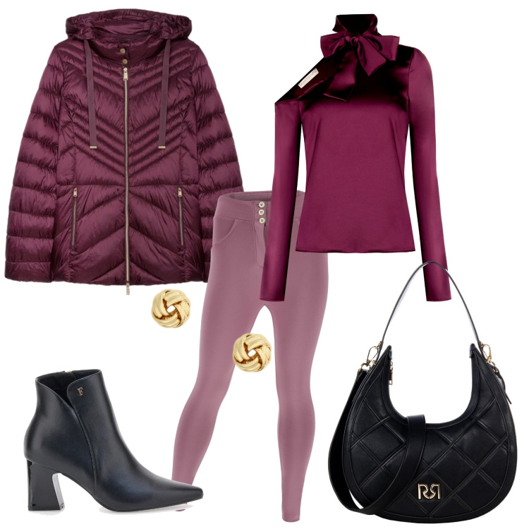 Outfit donna - Total look #2301549. Stile Casual chic per Ufficio. Abbinamento con borse a tracolla, bluse, pantaloni skinny, orecchini, piumini, stivaletti.