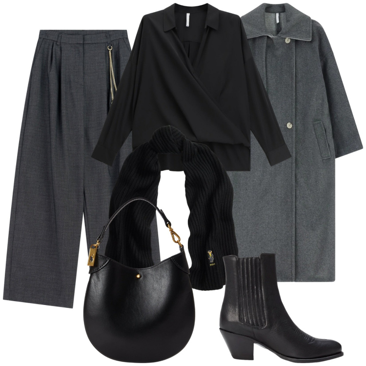 Outfit donna - Mininimal Elegante. Stile Minimal per Ufficio. Abbinamento con cappotti, pantaloni a palazzo, camicie, stivaletti texani, pochette, foulard.