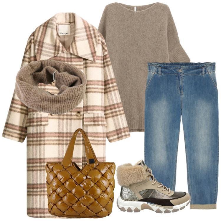 Outfit donna - Brrrr... che freddo. Stile Casual chic per Tutti i giorni. Abbinamento con cappotti, maglieria, borse tote, scaldacollo, jeans, anfibi.