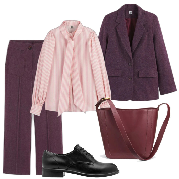 Outfit mujer - Bon ton look. Estilo Bon Ton para Oficina. Combinación con bolso tote, pantalones, blazers, camisas, zapatos con cordones.