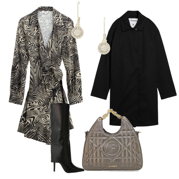 Outfit donna - Magiche assimetriche. per Tutti i giorni. Abbinamento con trench, vestiti corti, stivali, orecchini, borse a mano.