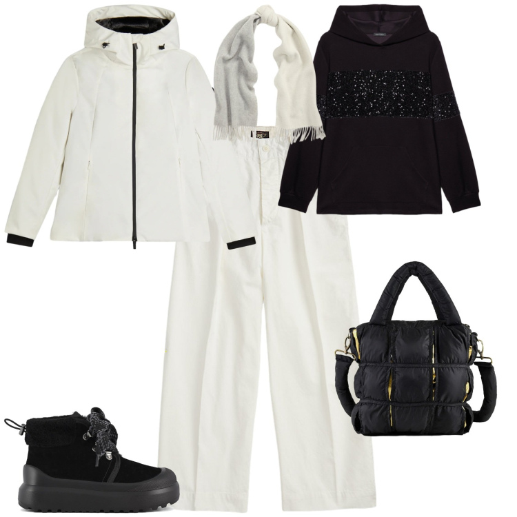 Outfit donna - Trendy in montagna ma con stile. Stile Trendy per Tutti i giorni. Abbinamento con bomber, pantaloni, sciarpe, borse a mano, felpe con cappuccio, stivali.