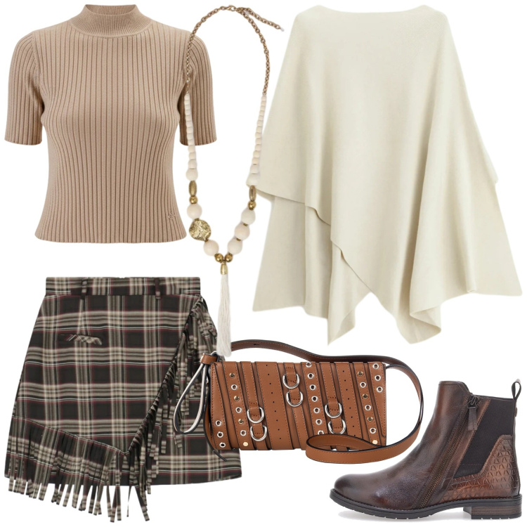 Outfit donna - Gonna asimmetrica con frange. Stile Sexy per Tutti i giorni. Abbinamento con maglieria, borse a spalla, pullovers, minigonne, stivaletti chelsea, ciondoli.