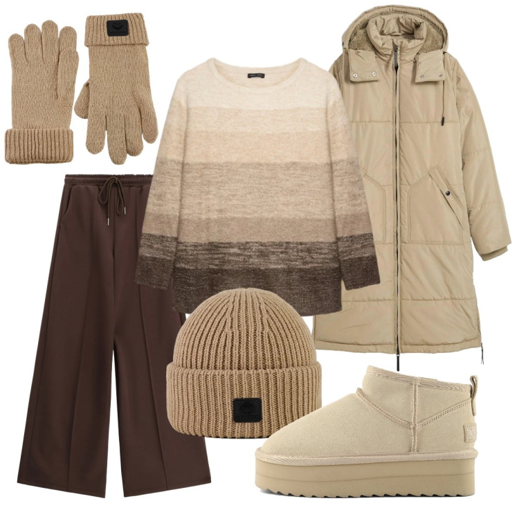 Outfit donna - Al caldo. Stile Casual chic per Tutti i giorni. Abbinamento con piumini, pantaloni a palazzo, berretti, guanti, maglieria, stivaletti.