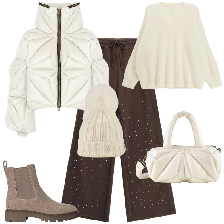 Outfit donna - Trendy bianco e marrone. Stile Trendy per Tutti i giorni. Abbinamento con pantaloni, maglieria, stivaletti chelsea, piumini, berretti, borse a mano.