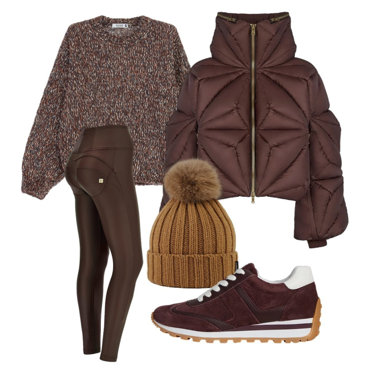 Outfit donna - Al caldo. Stile Sporty chic per Tutti i giorni. Abbinamento con maglieria, pantaloni skinny, sneakers, piumini, berretti.