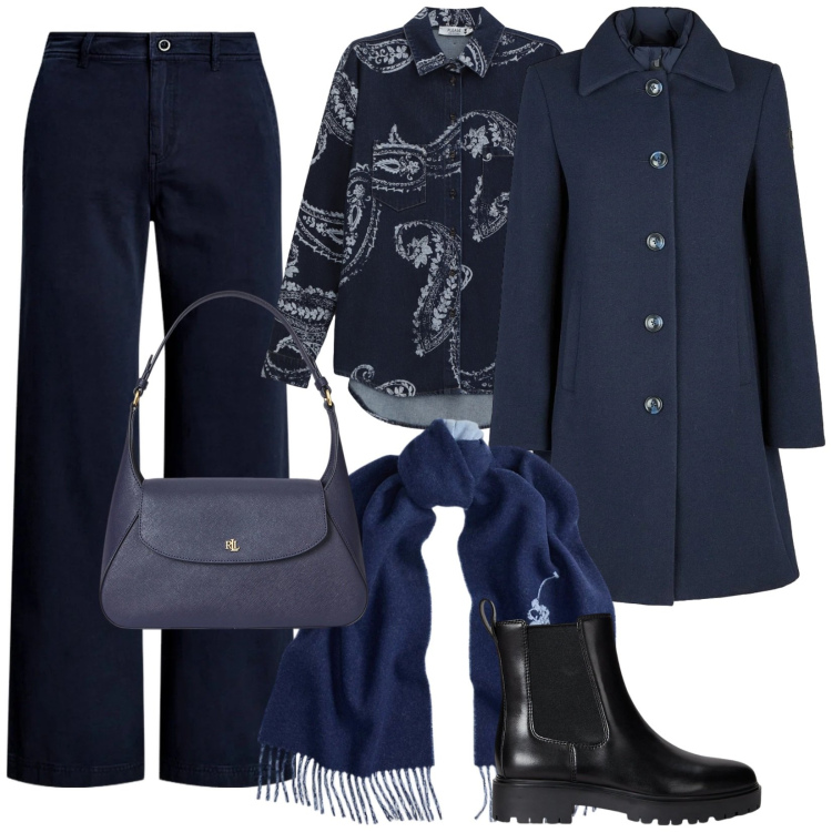 Outfit donna - Magia del Blu. Stile Bon Ton per Serata fuori. Abbinamento con camicie, pantaloni, borse a spalla, stivaletti chelsea, sciarpe, cappotti.