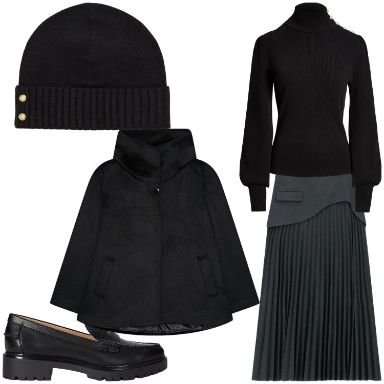 Outfit donna - Stile da inverno. Stile Casual chic per Tutti i giorni. Abbinamento con gonne lunghe, maglieria, berretti, mocassini, caban.