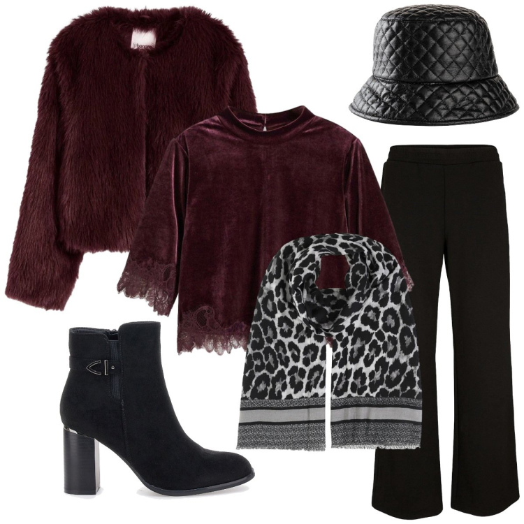 Outfit donna - Elegante. Stile Chic per Serata fuori. Abbinamento con pantaloni a palazzo, cappelli con visiera, ecopellicce, bluse, foulard, stivaletti.