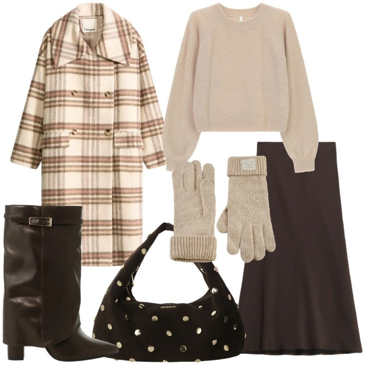 Outfit donna - Warm & Chic. Stile Basic per Ufficio. Abbinamento con cappotti, gonne lunghe, maglieria, borse a spalla, stivali, guanti.