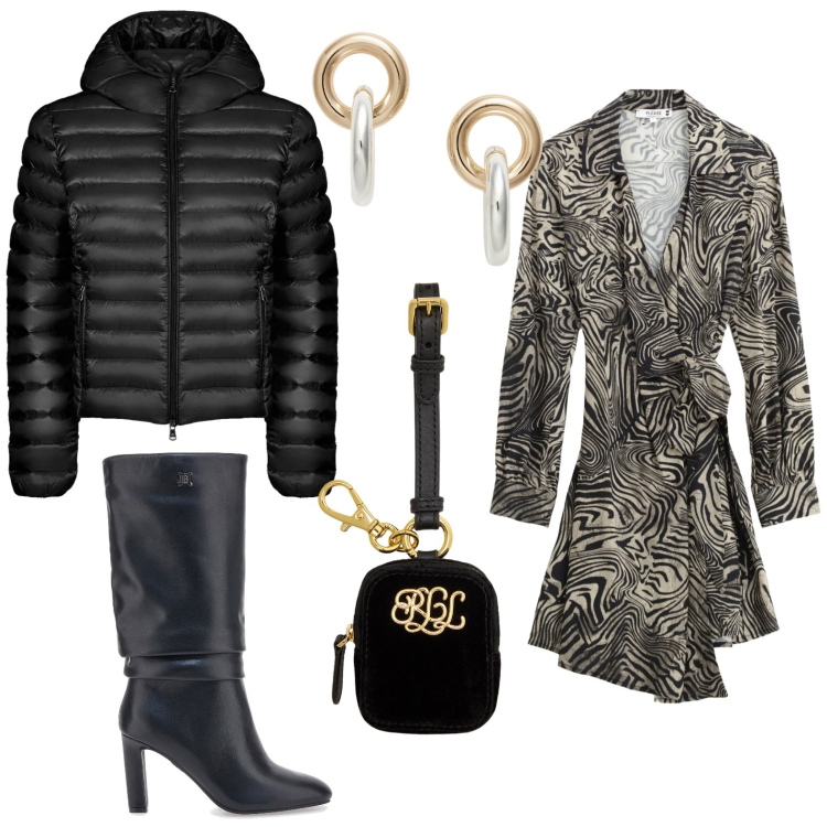 Outfit donna - Magiche Asimmetrie. Stile Minimal per Serata fuori. Abbinamento con vestiti corti, orecchini, pochette, blazer, stivali.