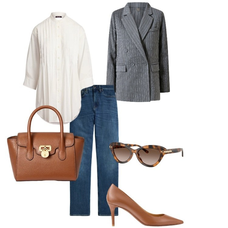 Outfit donna - Rettangolo - 05. Stile Casual chic per Tutti i giorni. Abbinamento con blazer, jeans dritti, borse a mano, occhiali da sole, décolleté, camicie.