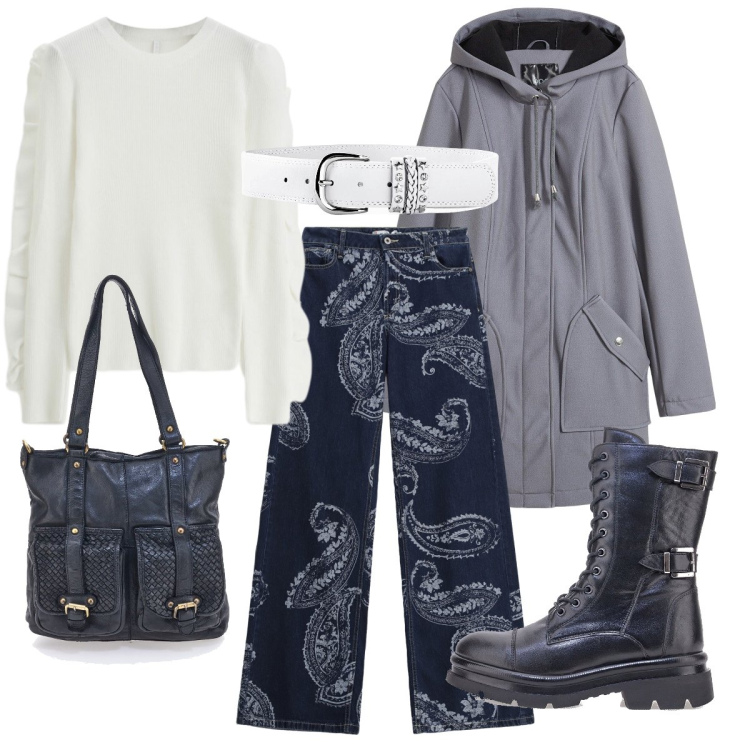 Outfit donna - Blu per le feste. Stile Casual chic per Ufficio. Abbinamento con cinture, parka, jeans, maglieria, anfibi, borse a spalla.