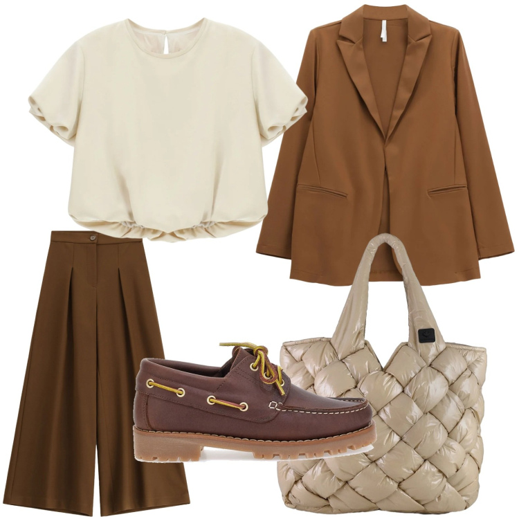 Outfit donna - Chocolat con panna. Stile Bon Ton per Ufficio. Abbinamento con camicie a manica corta, blazer, pantaloni a palazzo, borse tote, mocassini.