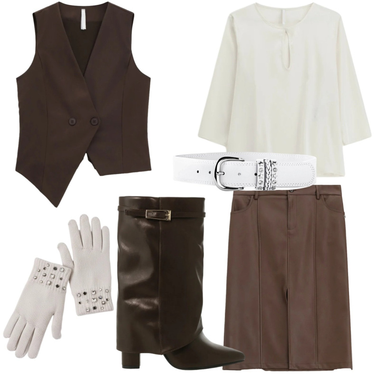 Outfit donna - Lo stivale invernale. Stile Glamour per Tutti i giorni. Abbinamento con cinture, gonne, guanti, gilet, stivali, bluse.