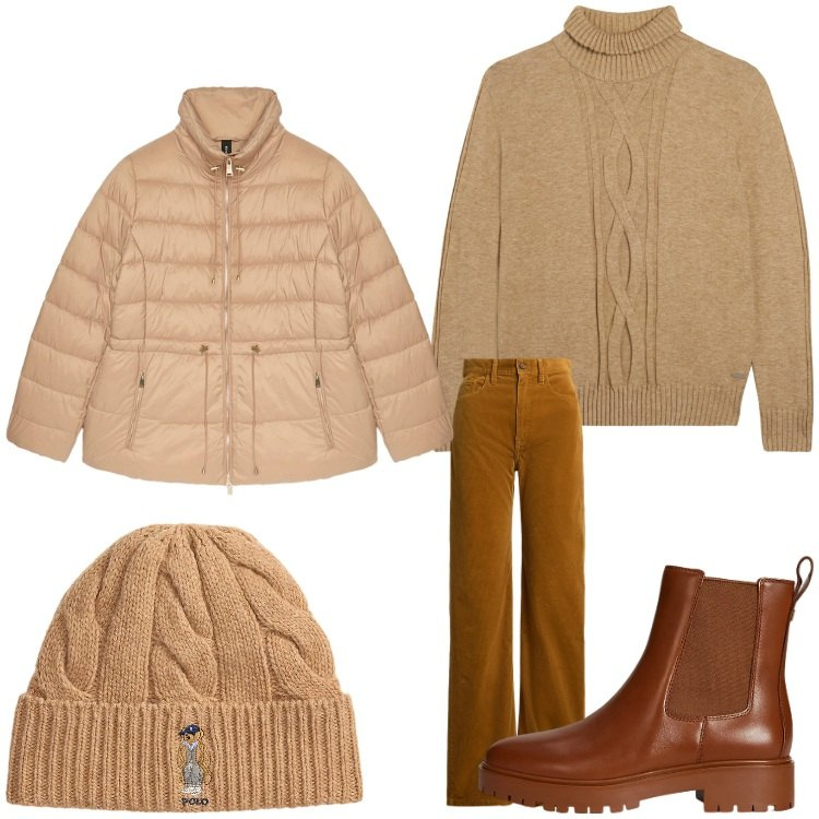 Outfit donna - Armonia. Stile Casual per Tutti i giorni. Abbinamento con maglieria, stivaletti chelsea, pantaloni, berretti, piumini.