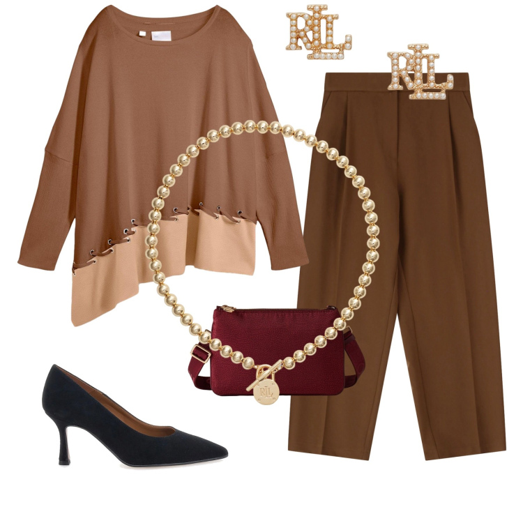 Outfit donna - Total look #2301707. Stile Casual chic per Cerimonia. Abbinamento con maglieria, pantaloni, borse a tracolla, collane, orecchini, décolleté.