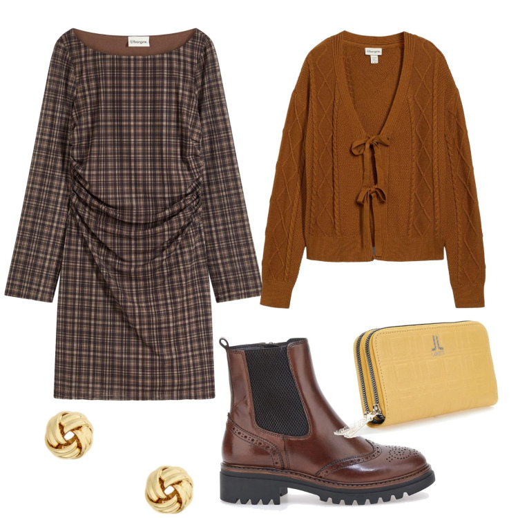 Outfit donna - Il vestito drappeggiato. Stile Casual per Ufficio. Abbinamento con cardigans, vestiti, orecchini, portafogli, stivaletti chelsea.