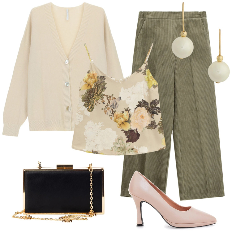 Outfit donna - Total look #2301717. Stile Casual chic per Cerimonia. Abbinamento con pochette, top, pantaloni a palazzo, cardigans, orecchini, décolleté.