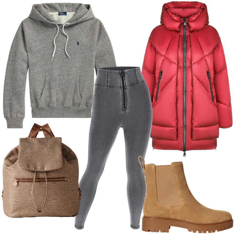 Outfit donna - Linee sportive. Stile Sporty chic per Tutti i giorni. Abbinamento con zaini, jeggings, stivaletti chelsea, felpe con cappuccio, piumini.