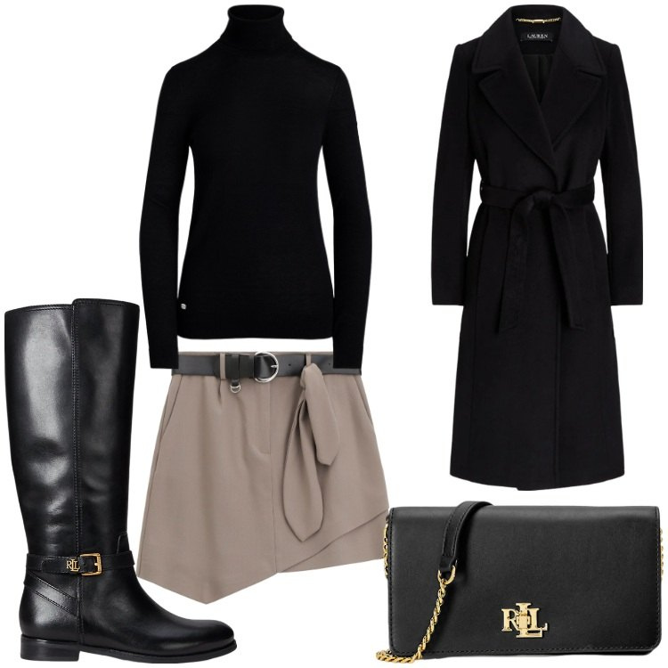 Outfit donna - Asimmetrie. Stile Casual chic per Serata fuori. Abbinamento con minigonne, borse a mano, maglieria, cappotti, stivali.