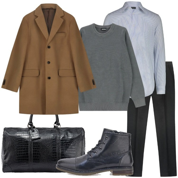 Outfit uomo - Il cappotto protagonista. Stile Business/Elegante per Ufficio. Abbinamento con pullovers, stivali e stivaletti, pantaloni, borse sportive, cappotti, camicie.