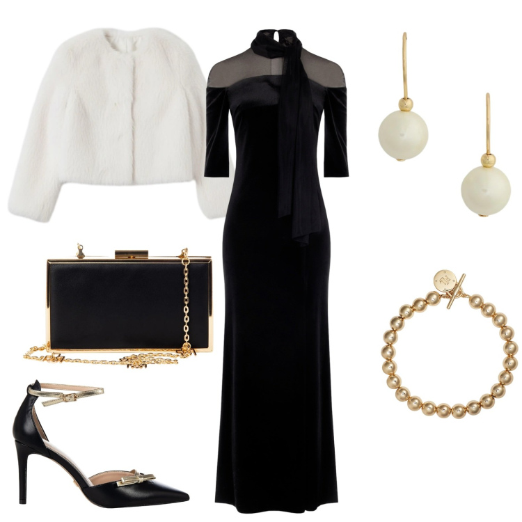 Outfit donna - Serata di gala, vintage, di lavoro.. Stile Vintage retrò per Serata fuori. Abbinamento con vestiti lunghi, ecopellicce, décolleté, pochette, braccialetti, orecchini.