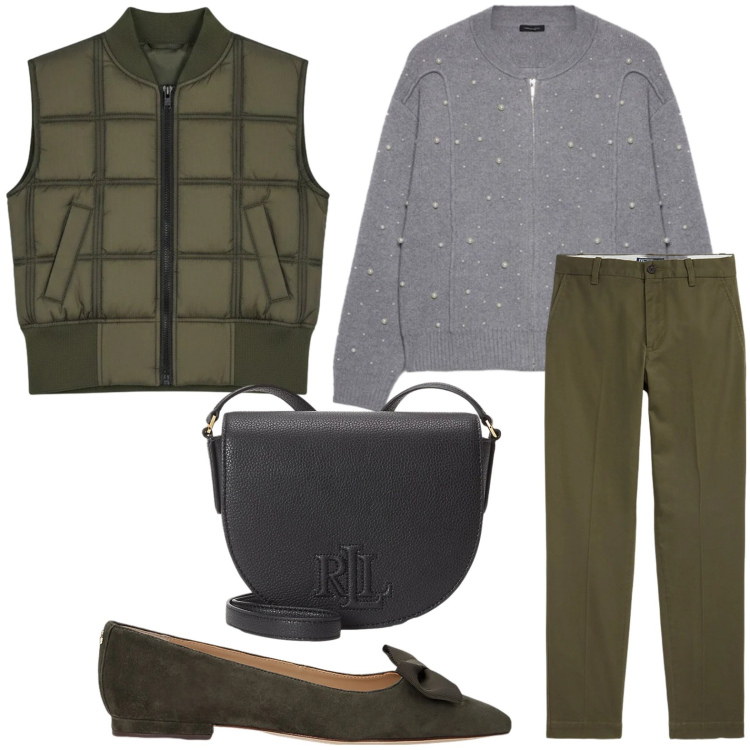 Outfit donna - Pezzi basic. Stile Basic per Ufficio. Abbinamento con pantaloni chino, ballerine, borse a tracolla, piumini, cardigans.