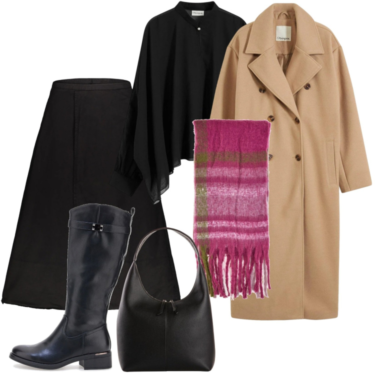 Outfit donna - Sovrapposizioni. Stile Trendy per Tutti i giorni. Abbinamento con bluse, shopping bag, cappotti, gonne lunghe, stivali, sciarpe.