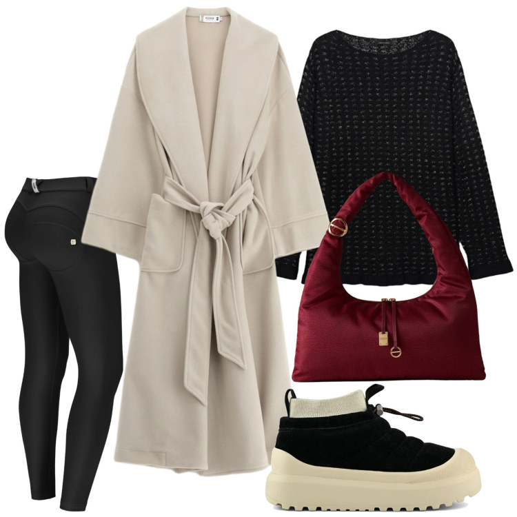 Outfit donna - Look confortevole. Stile Minimal per Tutti i giorni. Abbinamento con cappotti, borse a spalla, pantaloni skinny, stivaletti, maglieria.