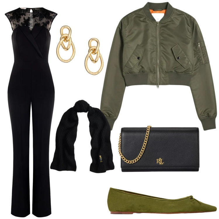 Outfit donna - La tuta immancabile. Stile Casual per Serata fuori. Abbinamento con tute, borse a tracolla, ballerine, foulard, orecchini, bomber.