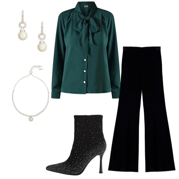 Outfit donna - Verde per le feste. Stile Chic per Serata fuori. Abbinamento con bluse, pantaloni, stivaletti, braccialetti, orecchini.