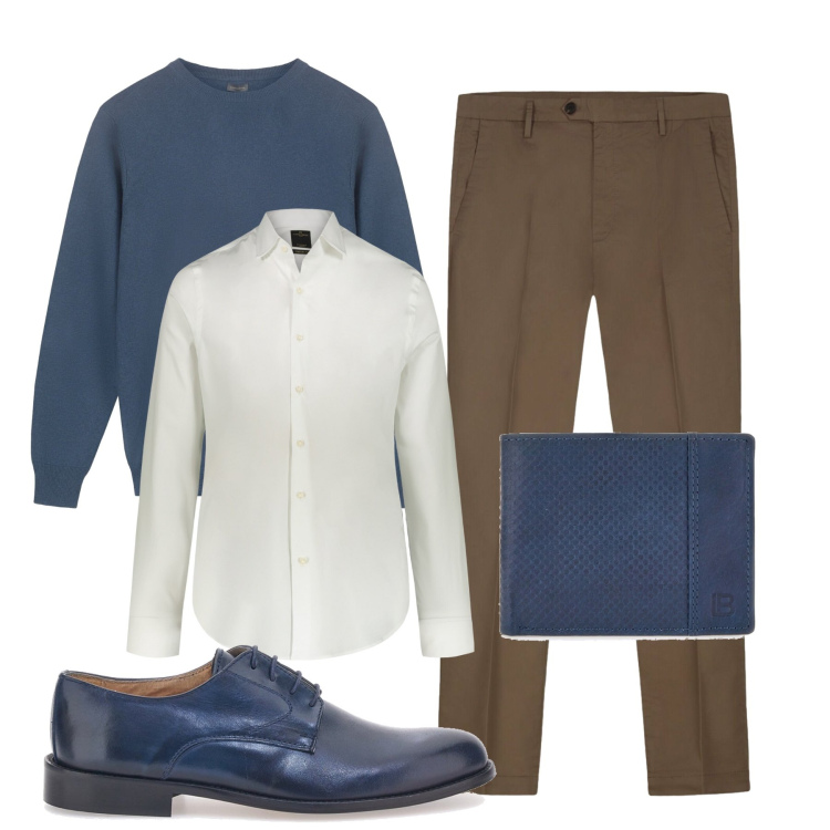 Outfit uomo - Total look #2301747. Stile Casual per Ufficio. Abbinamento con pantaloni, camicie, portafogli, scarpe stringate, maglieria.