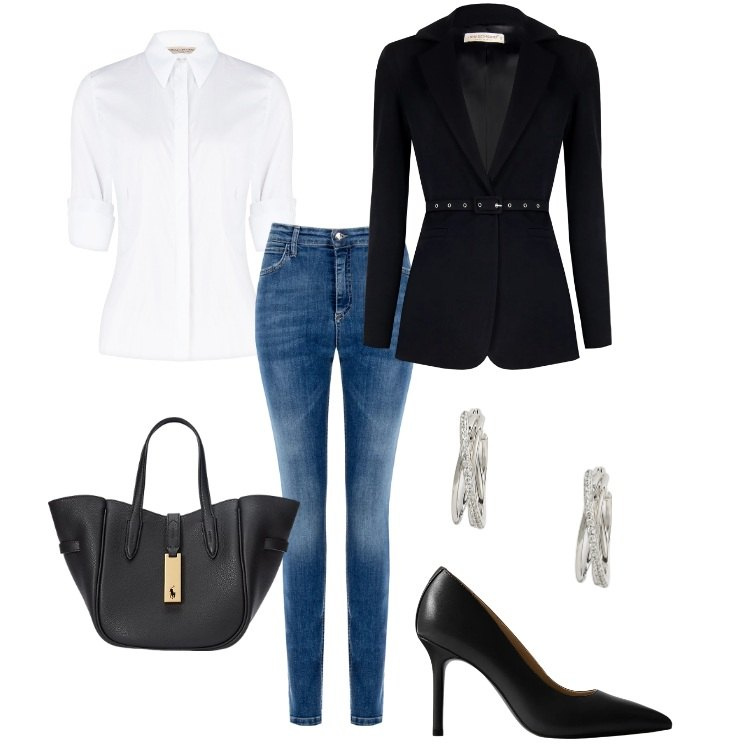 Outfit donna - Clessidra ("X") - 01. Stile Chic per Serata fuori. Abbinamento con camicie, jeans skinny, blazer, borse tote, orecchini, décolleté.