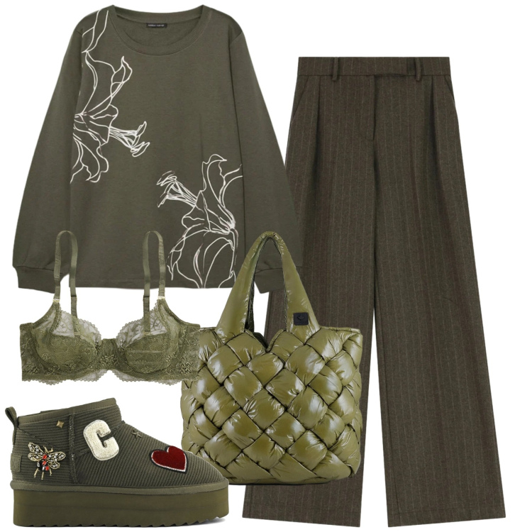 Outfit donna - Velvet Green. Stile Casual chic per Tutti i giorni. Abbinamento con pantaloni a palazzo, reggiseni, borse tote, stivali, felpe.