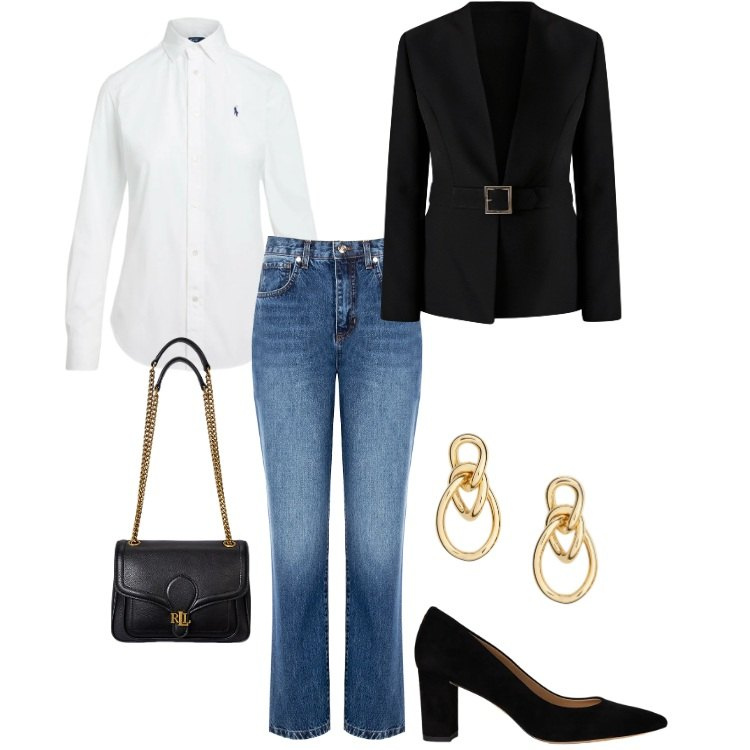 Outfit donna - Clessidra sinuosa ("8") -01. Stile Chic per Serata fuori. Abbinamento con jeans boyfriend, blazer, camicie, borse a spalla, décolleté, orecchini.