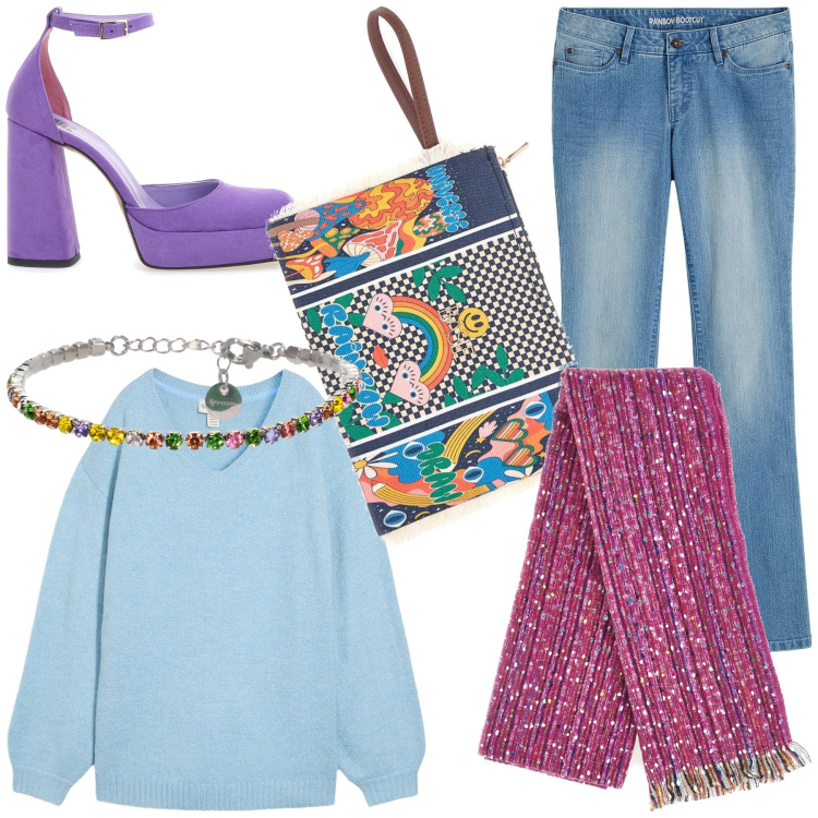 Outfit donna - Molto happy hour. Stile Trendy per Serata fuori. Abbinamento con jeans bootcut, maglieria, braccialetti, décolleté, pochette, sciarpe.