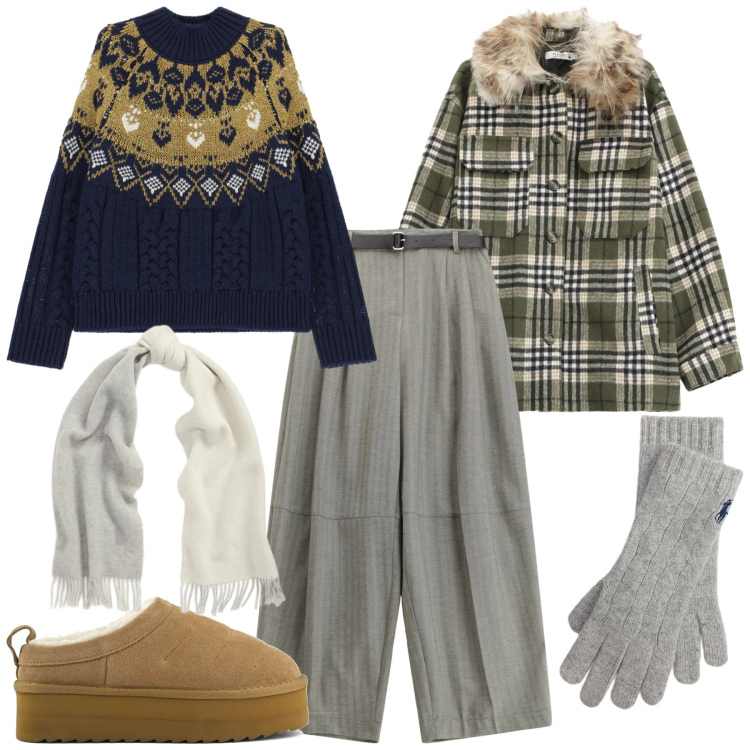 Outfit donna - Warm & Chic. Stile Casual chic per Tutti i giorni. Abbinamento con cappotti, maglieria, pantaloni, sciarpe, guanti, sabot.