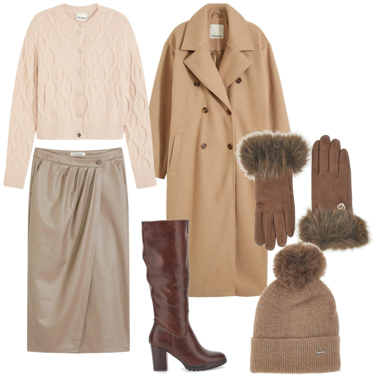 Outfit donna - Warm & Chic. Stile Casual chic per Tutti i giorni. Abbinamento con gonne longuette, cardigans, cappotti, stivali, berretti, guanti.