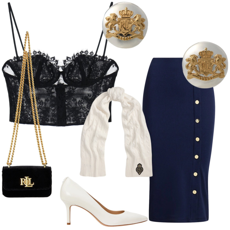 Outfit donna - Sexy in the night. Stile Sexy per Serata fuori. Abbinamento con top, orecchini, décolleté, pochette, sciarpe, gonne.