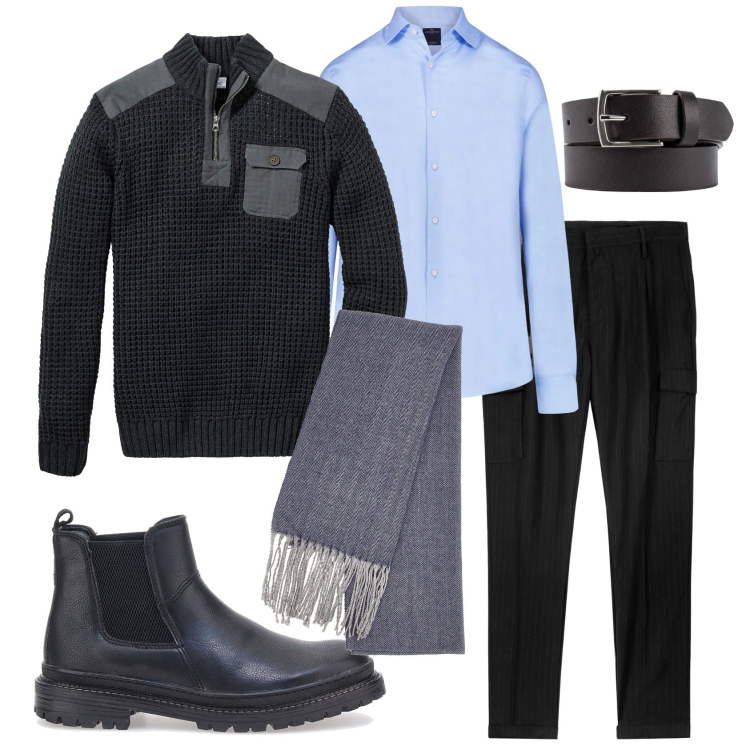 Outfit uomo - Total look #2301760. Stile Trendy per Tutti i giorni. Abbinamento con maglieria, camicie, sciarpe, pantaloni cargo, cinture, stivali e stivaletti.
