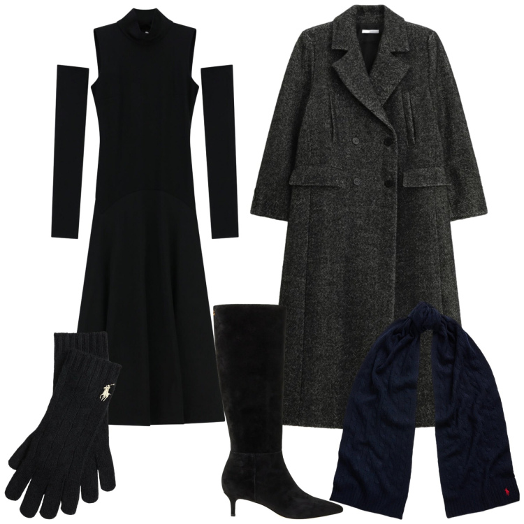 Outfit donna - Warm & Chic. Stile Chic per Serata fuori. Abbinamento con cappotti, vestiti lunghi, sciarpe, stivali, guanti.