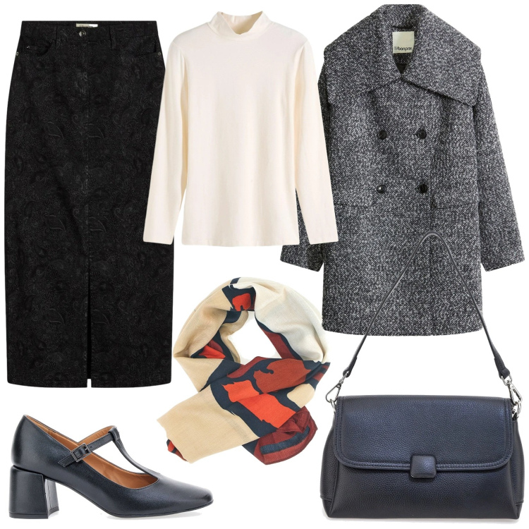 Outfit donna - Minimal chic. Stile Minimal per Tutti i giorni. Abbinamento con maglieria, cappotti, gonne, décolleté, borse a spalla, foulard.