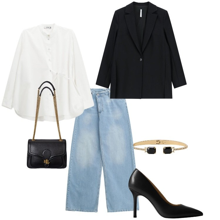 Outfit donna - Triangolo inverso - 02. Stile Casual chic per Tutti i giorni. Abbinamento con jeans, camicie, blazer, borse a spalla, décolleté, braccialetti.