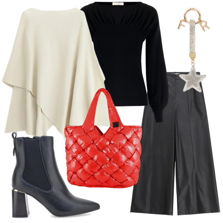 Outfit donna - Total look #2301767. Stile Chic per Tutti i giorni. Abbinamento con pantaloni, maglieria, maglieria, borse tote, portachiavi, stivaletti.