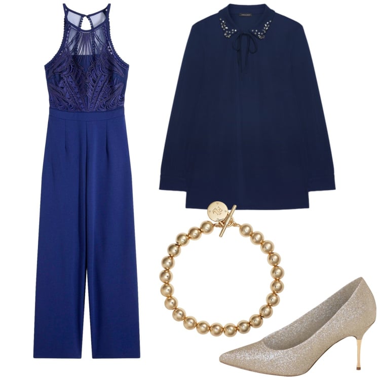 Outfit donna - Blu per lee feste. Stile Chic per Serata fuori. Abbinamento con tute, décolleté, braccialetti, camicie.