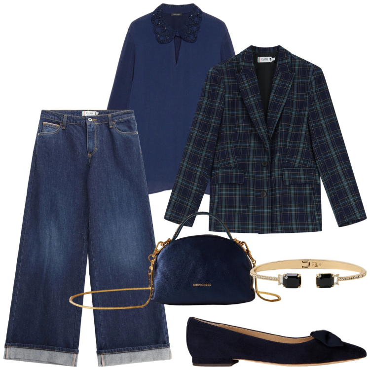 Outfit donna - Blu per le feste. Stile Casual chic per Tutti i giorni. Abbinamento con blazer, jeans, borse a mano, ballerine, braccialetti, t-shirt.