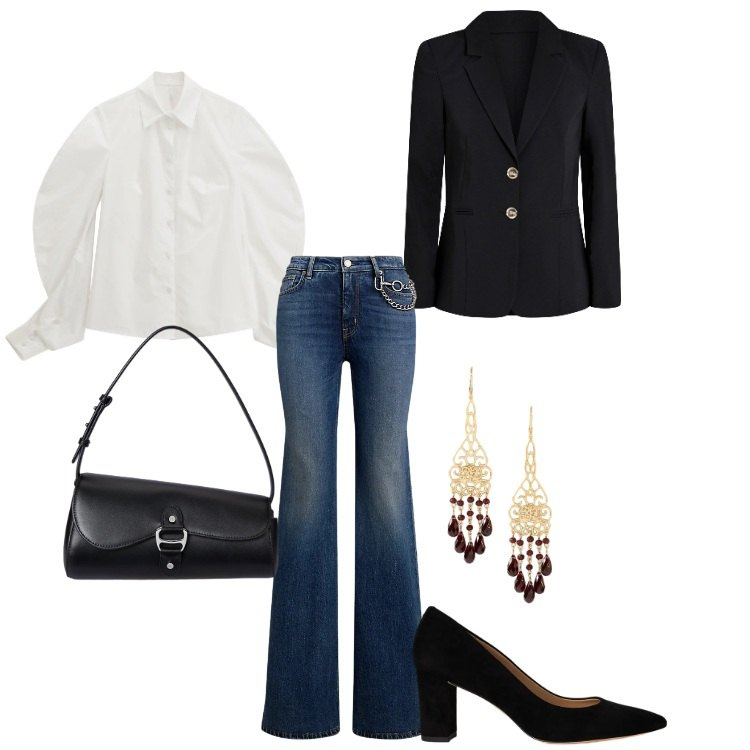 Outfit donna - Triangolo - 02. Stile Chic per Serata fuori. Abbinamento con blazer, camicie, jeans dritti, décolleté, orecchini, borse a spalla.