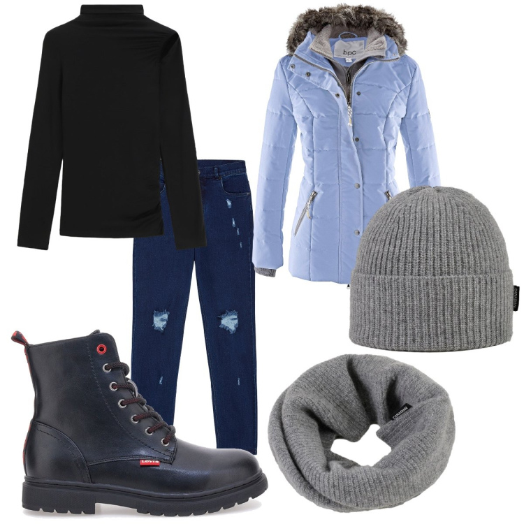 Outfit donna - Domenica a Merano. Stile Basic per Tutti i giorni. Abbinamento con piumini, pullovers, jeans skinny, scaldacollo, berretti, anfibi.