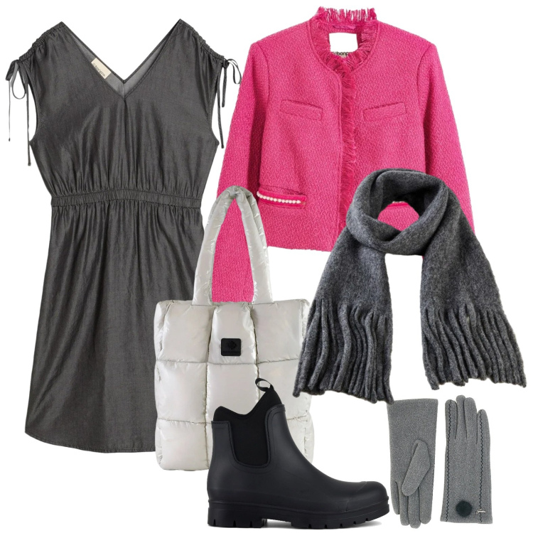 Outfit donna - Look da giorno. Stile Casual per Ufficio. Abbinamento con vestiti, blazer, sciarpe, shopping bag, stivali, guanti.